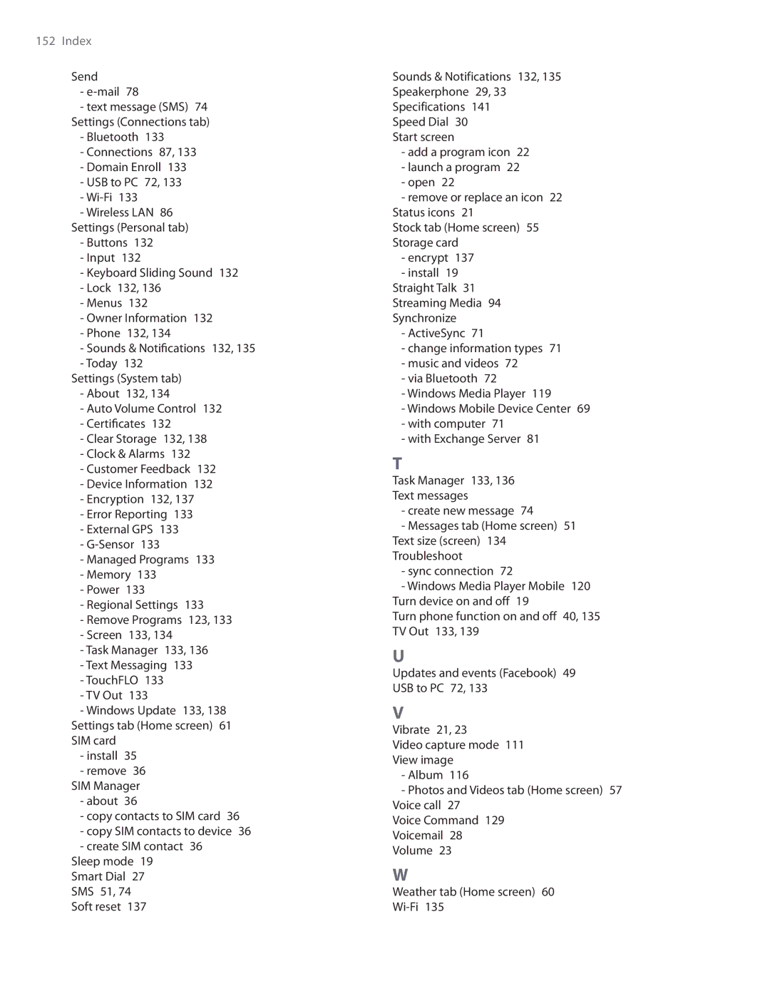 HTC user manual Send Mail , Bluetooth Connections 87 Domain Enroll USB to PC 72 Wi-Fi  